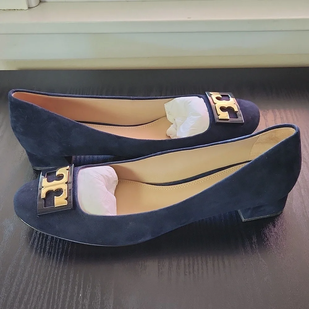 Tory Burch Navy Blue Suede Flats with Gold Logo - Picture 10 of 12